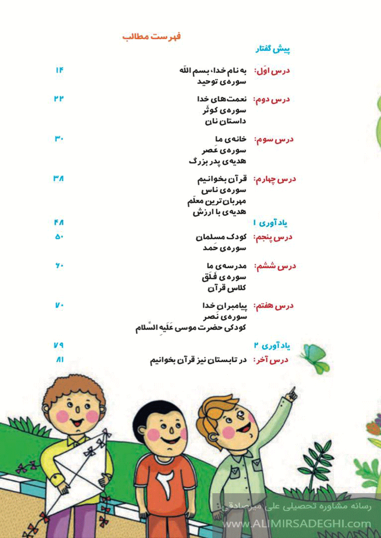 فهرست درس قرآن پایه اول ابتدایی